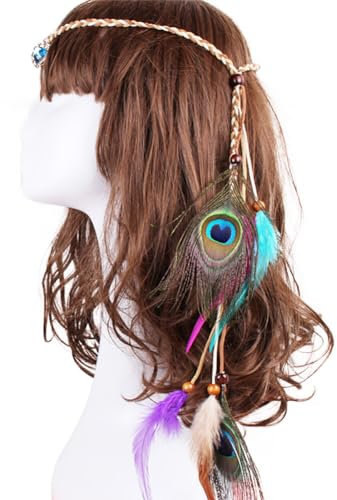 Bandeau à plumes indiennes - Style bohème hippie - Style rétro - Bijou de tête tribal dans le style amérindien - Pour festival, fête, bohème - Pour femme et fille