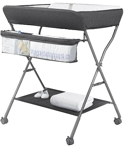 Maydolly Baby Klappbar Wickelkommode,Mobiler Wickeltisch mit Rollen und Wickelauflage,Wasserdicht und Höhenverstellbar,Baby Wickelkombi mit Ablagefächern(dunkelgrau)