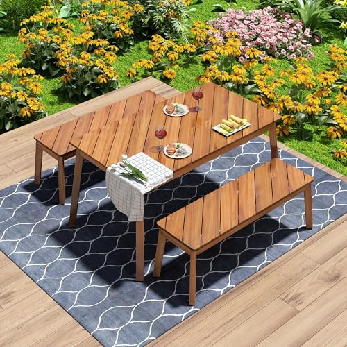 3 Pieces Acacia Wood Table with 2 Benches Dining Set Outdoor Indoor Furniture, Picnic Beer for Patio, Porch, Garden, Poolside - Natural
