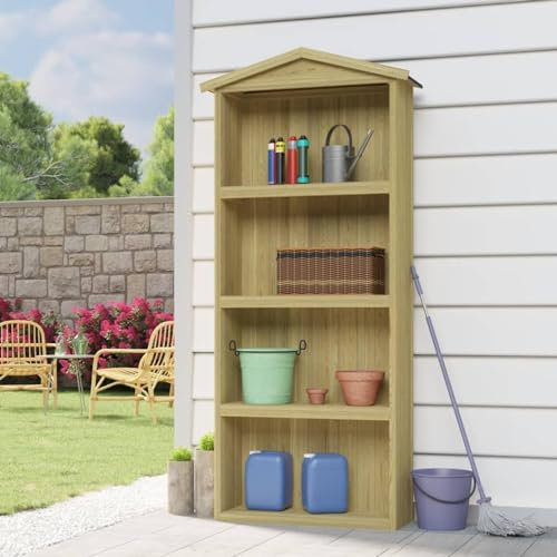 Mengtu Geräteschuppen Gartenschrank Mit 4 offenen Ablageflächen Geräteschrank Gerätehaus Gartenhaus Schuppen Gartenschuppen 89x33x222 cm Kiefernholz Imprägniert Garten Möbel