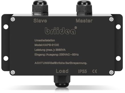 HAPS-01DE-B Umschaltstation für Netzvorrangschaltung, briidea Netzvorrangschaltung Wohnmobil 16A 230V, Umschaltstation 16A für Camping Landstrom Wechselrichter, KFZ, Boot, Outdoor, Solar, Schwarz