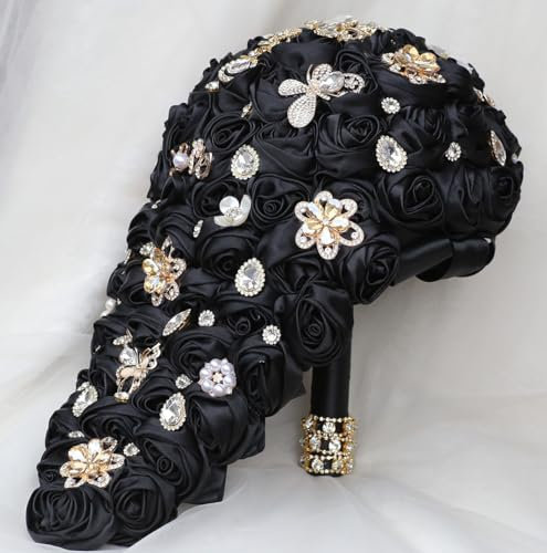 Mhojpik Luxuriöser Cascade-Brautstrauß, Satin-Rosen-Wasserfall-Strauß, künstlicher Blumenstrauß für Braut, Brautjungfer (schwarz, 43,9 x 22,1 cm)