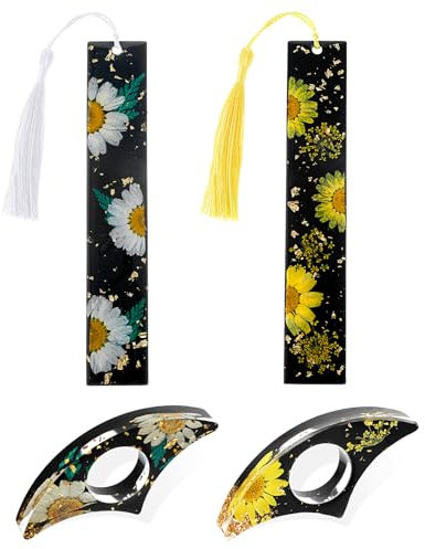 Andibro 4 Stück Buchseitenhalter aus Harz,Trockenblumen Buchhalter-Set Daumen Buchseitenhalter und handgefertigte Lesezeichen mit Quasten Buch Zubehör Geschenk für Lehrer Buchliebhaber(Gelb+Weiß)