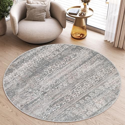 TAPISO Valley Rund Teppich Kurzflor Vintage Weiß Grau Blumen 240 x 240 cm | Used Effekt Meliert Verwischt Wohnzimmer Schlafzimmer OEKO-TEX