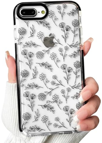 NITITOP Kompatibel mit iPhone 7 Plus / 8 Plus Hülle Niedliche Blumen Klar für Frauen Mädchen Kristall Stoßfest Ultra Slim Weiche TPU Anti-Gelb Schutzhülle Handyhülle - Schwarz Transluzent