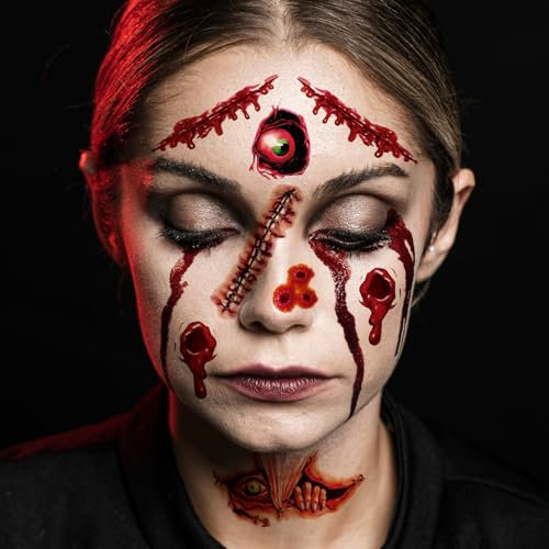 Halloween Decor Gesicht Tattoo für Erwachsene Männer Frauen, 8 Blätter Halloween Narben Wunden Mund Gesichts Temporäre Tattoos, Gruselige Halloween Tattoos Aufkleber für Halloween Schminke Erwachsene