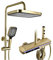 Colonne de Douche Thermostatique, 4 Touches de Piano de Fonction Ensemble de Douche, 31x20cm Carré Pommeau de Douche, Affichage Numérique, Lumière d'ambiance à Del 360° (Or Brossé)