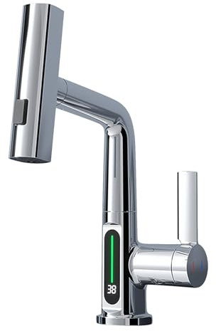 Wasserhahn Küche Ausziehbar, Wasserhahn Küche mit LED Temperaturanzeige, Küchenarmatur 360° Schwenkbar, 3 Wasserstrahlmodi, mischbatterie küche, Wasserfallarmatur für Küche, Bad