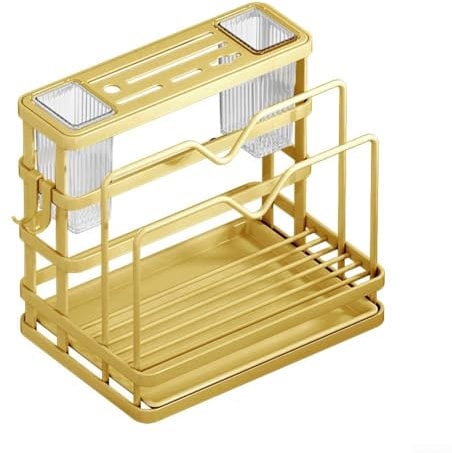 Zilimontt Dish Drainer Rack With Drip Tray,Space-Saving Sink Draining Board Rack With Utensil Cutting & Board Holder For Kitchen Counter(Gold)