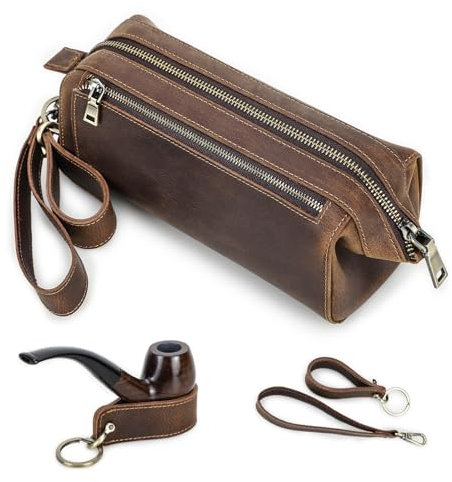 Hiram Custodia per tabacco da viaggio, in pelle, per 2 tubi, multifunzione, per accessori da fumo, con supporto in pelle