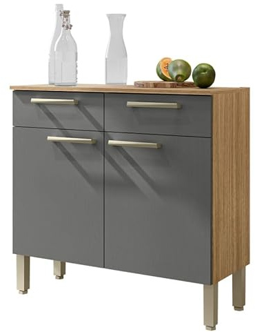 ACTUAL DIFFUSION Buffet Bas Meuble Cuisine 2 Portes 2 Tiroirs Chêne et Gris L 90.9 H 86 P 36.3 cm