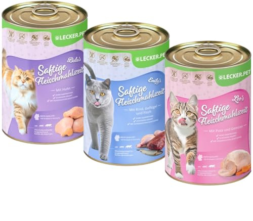 Lecker.Pet® | 18 x 400 g Balu's, Emily's & Leo's Saftige Fleischmahlzeit Katzenfutter Nassfutter Mix Vollnahrung - je Sorte 6 Dosen | Ohne Zusatz- und Konservierungsstoffe | Reich an Proteinen