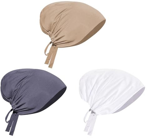 PURFUN 3 Stück muslimische innere Hijab-Mützen für Damen, einfarbig, dehnbar, atmungsaktiv, volle Abdeckung, Unterkappe, Schlauchhaube, Khaki, Grau, Weiß, Medium