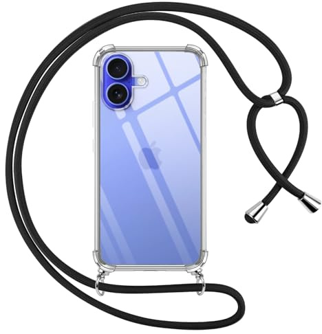 Phoona Crossbody Lanyard Case for iPhone 16 6.1 with Strap, Necklace Mobile Phone Cover with Adjustable Neck Strap, Clear Transparent TPU Soft Phone Cover with Neck Cord-Black