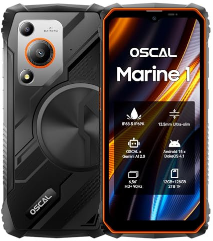 OSCAL MARINE 1 Rugged Smartphone Android 15, 12GB+128GB/2TB Telefono Indistruttibile, 6.56''HD+ 90Hz Telefono Antiurto, AI 16MP+8MP, 13,5 mm leggero IP68/IP69K/3 Slot/NFC/Face ID/OTG/GPS Orange