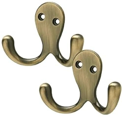 2 x Antique Brass Double Coat Hooks, Door & Wall Robe Dress Garment Hangers