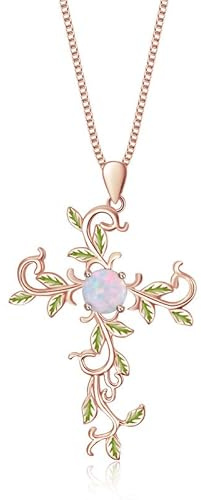 SOULMEET Cross Pendant Necklace Jewelry Gift for Women Sterling Silver Simulated Opal Gold Plated Leaf Necklace for Love God We Trust