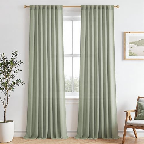MRTREES Vorhang Salbeigrün Leinenoptik Halbtransparent mit Stangendurchzug für Kinderzimmer Mädchen, Gardinen Leinen H 245 x B 140 cm für Wohnzimmer Schlafzimmer 2er Set, Curtains Living Room