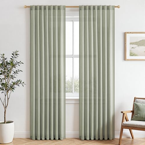 MRTREES Vorhang Leinenoptik Salbeigrün Lichtdurchlässig, Stores Fertig Gardinen Schals 2 Set mit Verdeckten Schlaufen für Wohnzimmer H 225 x B 140 cm, Leinen Vorhänge Kinderzimmer Junge
