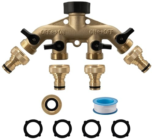 VANCOCO 4-Wege Wasserverteiler 3/4 Zoll Messing mit Schnellkupplung und 1/2 Zoll Adapter, Gartenschlauch Verteiler für Bewässerungssystem, Hochfester Wasseranschluss Adapter