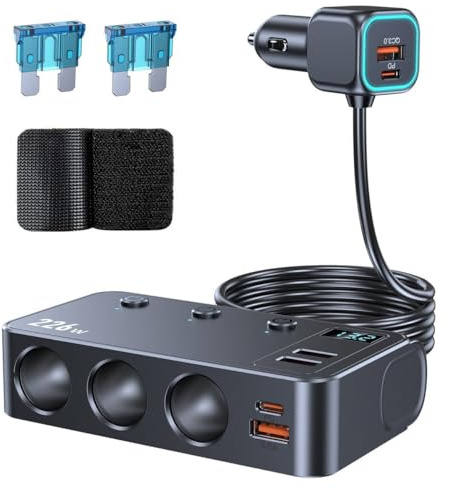 Leehitech 226W Auto Zigarettenanzünder USB Ladegerät, 9 in 1 Zigarettenanzünder Adapter Splitter Multi Socket Charger Adapter 12V/24V DC Outlet mit Voltmeter Schnellladung für Telefon Laptop Auto