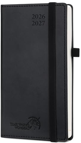 POPRUN Taschenkalender 2026 2027 Klein 8,8x16,3cm Wochenplaner mit PU-Leder | 17-Monate-Terminplaner,(Aug.2026-Dez.2027),Kalender 2026 2027,1 Woche 2 Seite mit Stiftschlaufe(Schwarz)