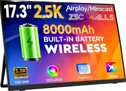 ZSCMALLS 17.3 Wireless Portable Monitor with Built-in 8000mAh Battery, 4H, AirPlay and Miracast, 2.5K QHD 2560 x 1400 IPS Matte HDR, 125% sRGB, 500 nits, VESA, Aut.