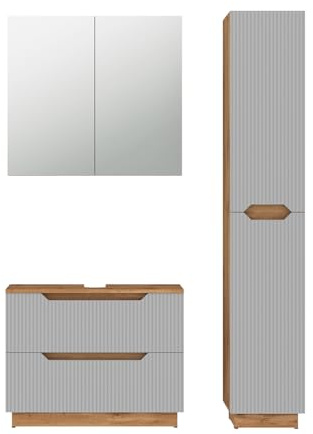 Vicco Badmöbel-Set Lotta, Grau, 79.6 cm | besteht aus Waschbeckenunterschrank, Spiegelschrank und Hochschrank