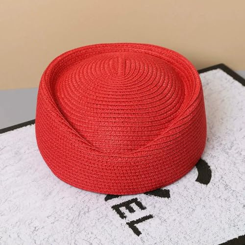 Gyios Fischerhut Hut Kappe Straw Beret Hat Women Retro Pillbox Party Wedding Teardrop Bridal Summer Stewardess Fashion Lightweight-red-55-58cm