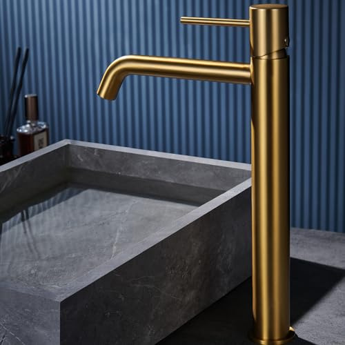 IMEX - Grifo Lavabo Dorado Caño Alto | Grifo para Lavabo de Baño con Agua Fría y Caliente | Grifería Monomando Efeto Cascada con Caño de Latón | Ahorro de Agua | Serie Monza | Color Oro