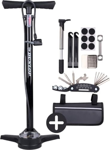 Dunlop Fahrradpumpe mit Manometer und Fahrrad Reparaturset 14 teilig - Fahrrad Werkzeug Set mit Mini Pumpe und Flickzeug - Für Presta Dunlop Schrader Ventil - Schwarz