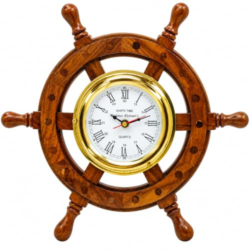 Nagina International Premium Nautical Hand Crafted Brass Time's Clock Wooden Ship Wheel | Pirate's Wall Decor | Home Decorative Gifts (12 Inches)