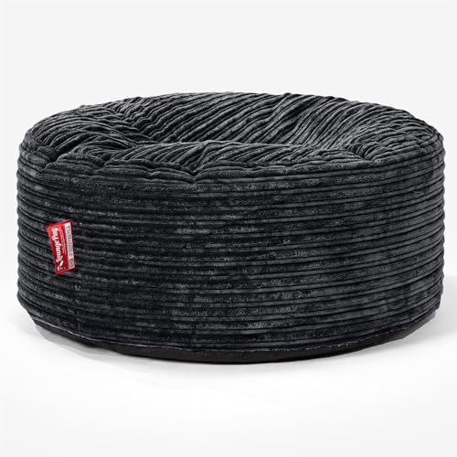 Lounge Pug Sitzsack Pouf 65 cm Rund, Schwarz Cordstoff, Bequemer Sitzhocker oder Fußhocker, Sitzpouf