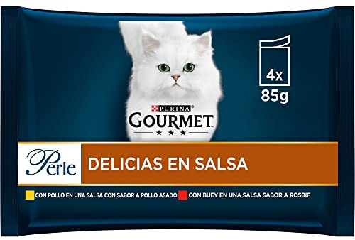 Purina Gourmet Perle Köstlichkeiten in Sauce, Nassfutter für Katzen mit Huhn und Ochse, 12 Packungen mit 4 Beuteln à 85 g, 48 Beutel