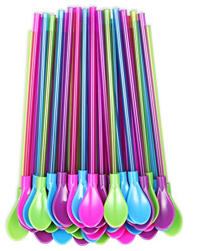 OKGD Set of 40 Hard Plastic Spoon Straws 9 Inch Detachable Straws Kitchen Utensil Stirring Spoon Coffee Spoon (4 Color)