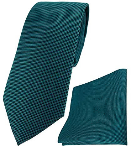 TigerTie Modische Krawatte + Einstecktuch in petrol fein gepunktet- Breite 7 cm