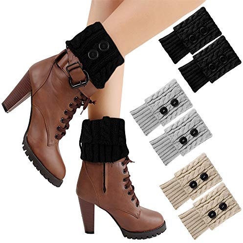 FEPITO 3 Pairs Winter Knitted Crochet Leg Warmers Twist Knitted Boot Cuffs Socks Warm Short Boots Cuff Crochet Knee Warmers for Women