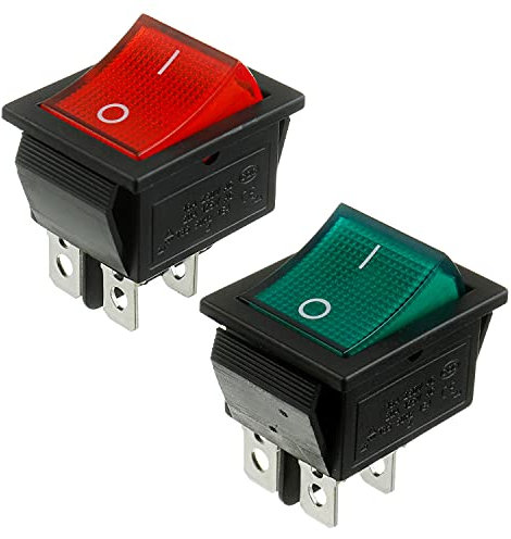 BOJACK 2 posiciones Interruptor basculante de ON/OFF DPST 4 pines 250V / 6A, 125V / 10A luces lámpara verdes y rojas KCD2-202N-R (paquete de 2)