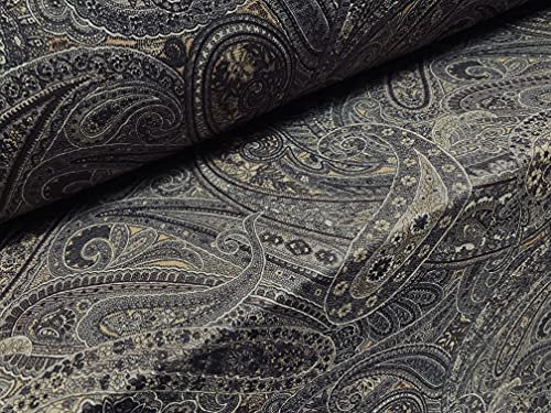 Slub Single Jersey Stoff, Meterware, Paisleymuster, Grau & Hellbraun