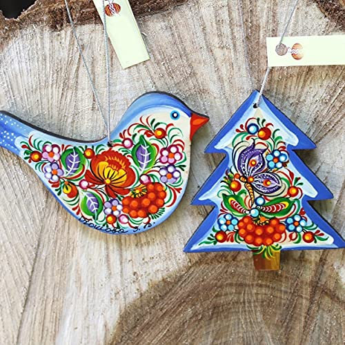 Traditioneller Christbaumschmuck 2 St. Set Vogel und Tannenbaum Holzfiguren handbemalt nach Ukrainischer Tradition der Petrykiwka-Malerei, Exklusive Weihnachtsanhänger - Kunsthandwer für Weihnachten