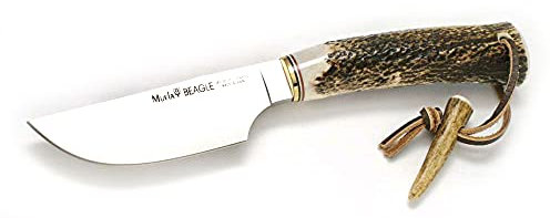 MUELA - SABUESO-11A. Cuchillo de caza Muela. Mango de asta de ciervo. Hoja 10 cm. Funda cuero. Herramienta para Caza, Pesca, Camping, Outdoor, Supervivencia y Bushcraft