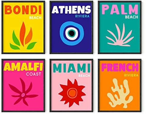 HAUS AND HUES Reiseposter, Set mit 6 ästhetischen, adretten Postern für Schlafzimmer, Zielposter, trendige Reisewandkunst, bunte Wanddrucke, Kunstwerk-Reisen, Vintage-Stadt-Poster (ungerahmt, 20,3 x