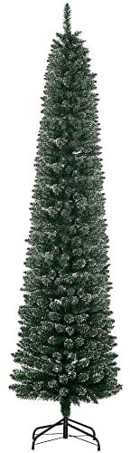 HOMCOM 7.5FT Artificial Snow Dipped Christmas Tree Xmas Pencil Tree Holiday Home Indoor Decoration with Foldable Black Stand, Green