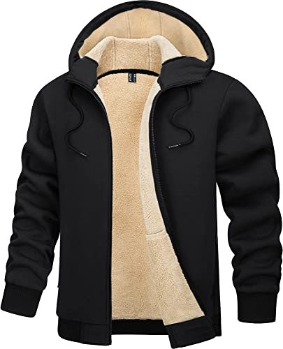 TACVASEN Herren Thermo Fleecejakce Pulli Hoodie Sweatjacke Winter Gefütterte Langarm Sport Hoody mit Taschen, Schwarz, L
