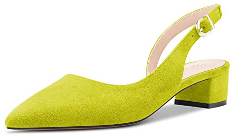 NobleOnly Mujer Chunky Ancho Bajos Heel Cerrado el Dedo del pie Puntiaguada Punta Sandalias Slingback Slip-on Cierre con Hebilla Pumps de Boda Dress Cute 3.5 CM Heels Zapatos Verde Ante 45 EU