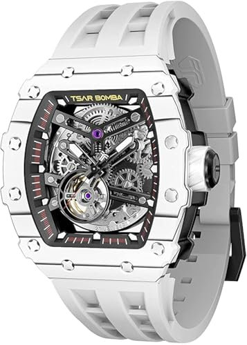 TSAR BOMBA Reloj Automático de Lujo para Hombre de Fibra de Carbono - Movimiento Japonés Cristal de Zafiro - 5ATM Resistente al Agua Reloj para Hombre - Reloj Esqueleto Cuadrado