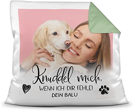 PfotenSchild Personalisiertes Foto-Kissen mit Füllung - Knuddel Mich, wenn ich dir fehle - mit Namen selbst gestalten - für Hunde, Katzen und andere Haustiere | Rückseite Seegrün