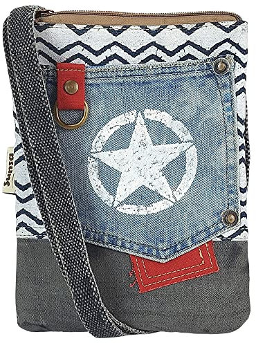 Sunsa Damen Umhängetasche. Nachhltig Tasche aus recycelte Jeans & Canvas. Vintage Stil mit Stern Design Vegan Schultertasche. Kleine Crossbody Bag