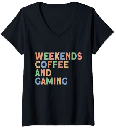 Damen Weekends Coffee and Gaming, Gaming Mom, Damen Gaming T-Shirt mit V-Ausschnitt