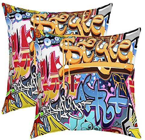 Graffiti Kissenbezug Hip Hop Straßenkultur Rock Dekokissen Couch Bett Auto 2er Set Kissenbezug 40x40 cm Microfaser Sofakissen Couchkissen mit Reißverschluss für Schlafzimmer Wohnzimmer